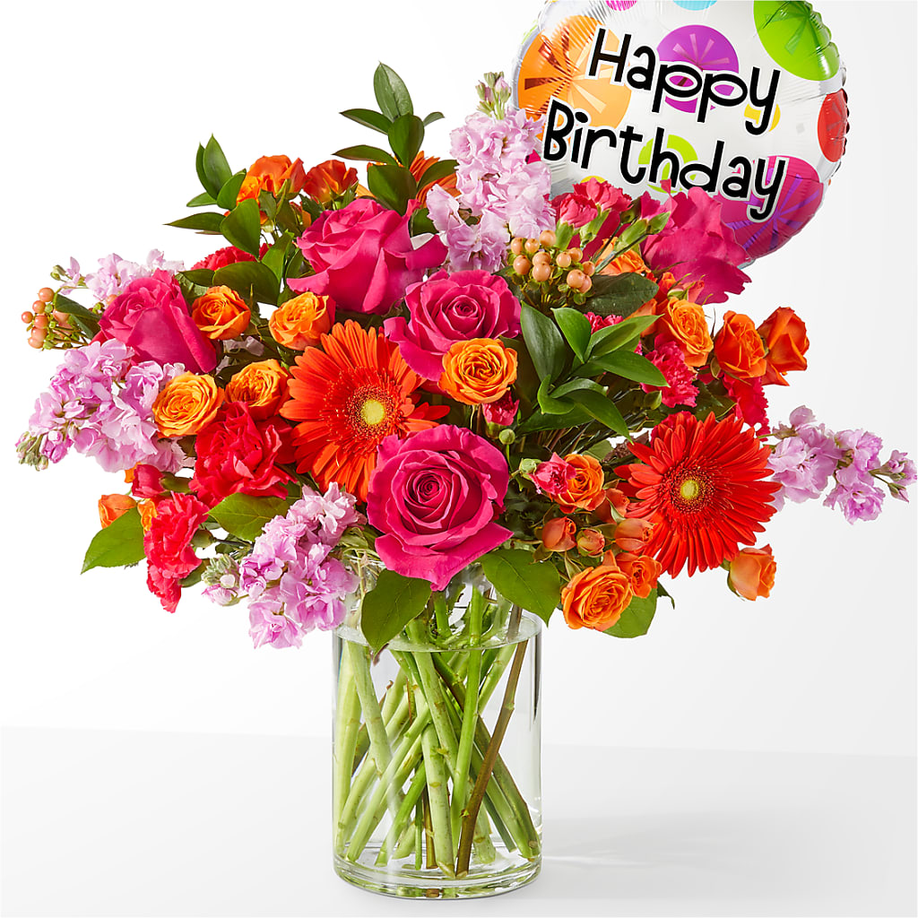 Fiesta Bouquet with Birthday Balloon – MARIA'S FLORAL CREATIONS, Bethel CT