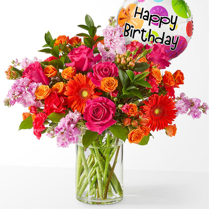 Fiesta Bouquet with Birthday Balloon – MARIA'S FLORAL CREATIONS, Bethel CT