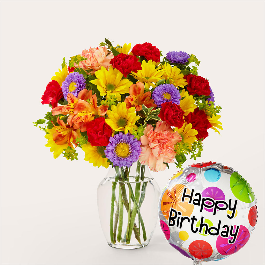Kaleidoscope Bouquet with Birthday Balloon – MARIA'S FLORAL CREATIONS, Bethel CT