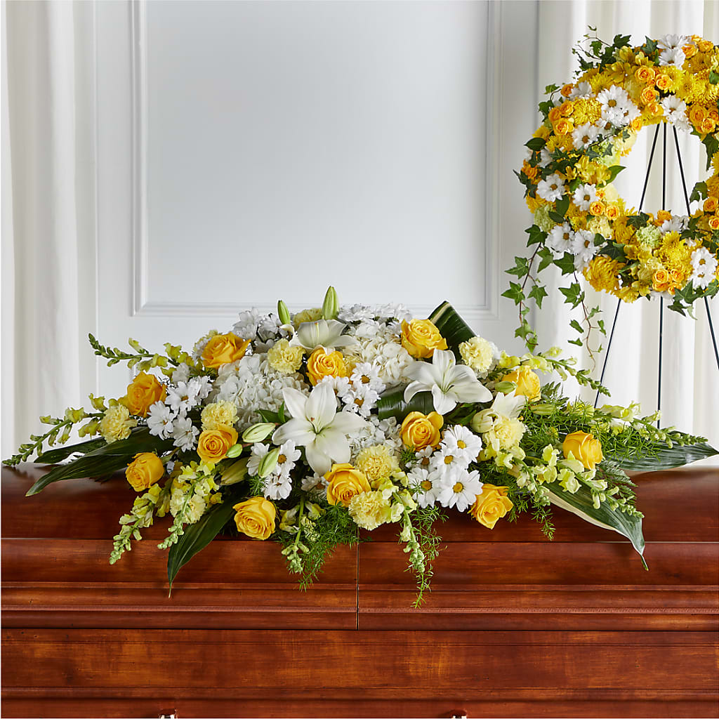 Golden Harmony Casket Spray – MARIA'S FLORAL CREATIONS, Bethel CT