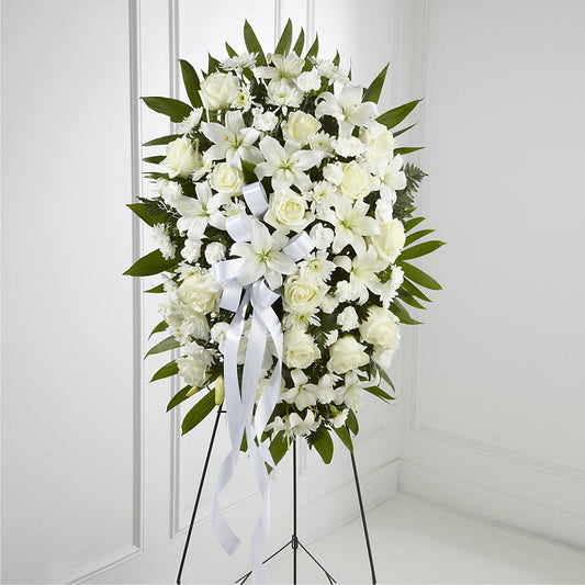 Exquisite Tribute Standing Spray-White Ribbon – MARIA'S FLORAL CREATIONS, Bethel CT