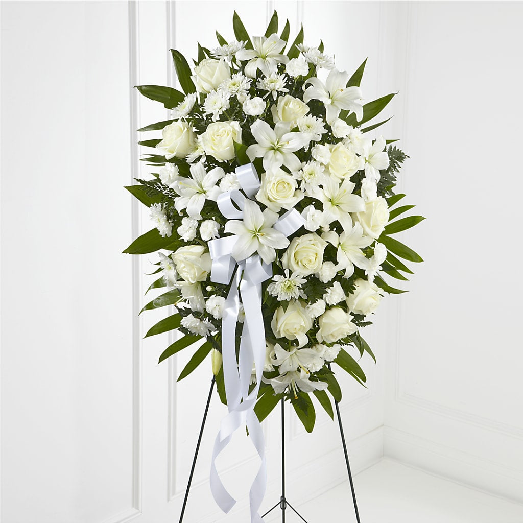 Exquisite Tribute Standing Spray-White Ribbon – MARIA'S FLORAL CREATIONS, Bethel CT