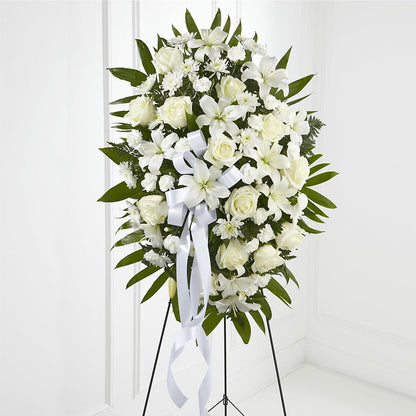 Exquisite Tribute Standing Spray-White Ribbon – MARIA'S FLORAL CREATIONS, Bethel CT