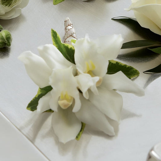 White Mini Cymbidium Boutonniere – MARIA'S FLORAL CREATIONS, Bethel CT